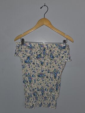 UK2LA Cream Floral Tube Top with Blue Flowers